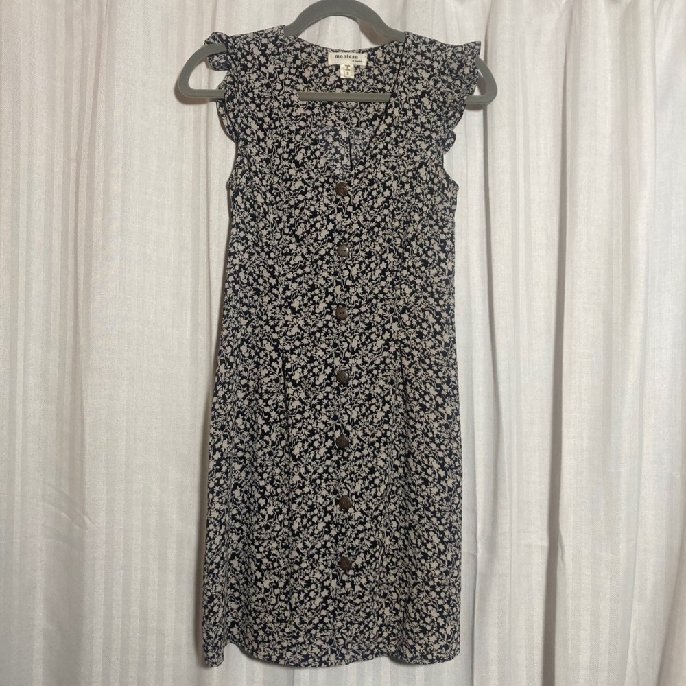 Cottagecore Ditsy Floral Black Cream Button Front Ruffle Sleeve Mini Dress S